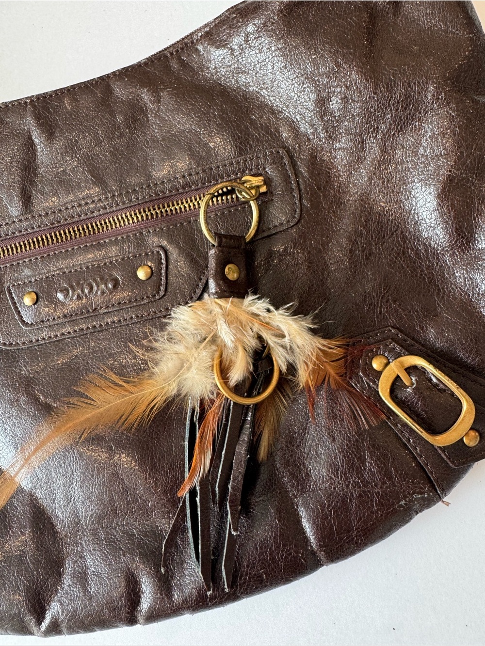XOXO Dark Brown Shoulder Bag with Feather Accent - Picture 2 of 7